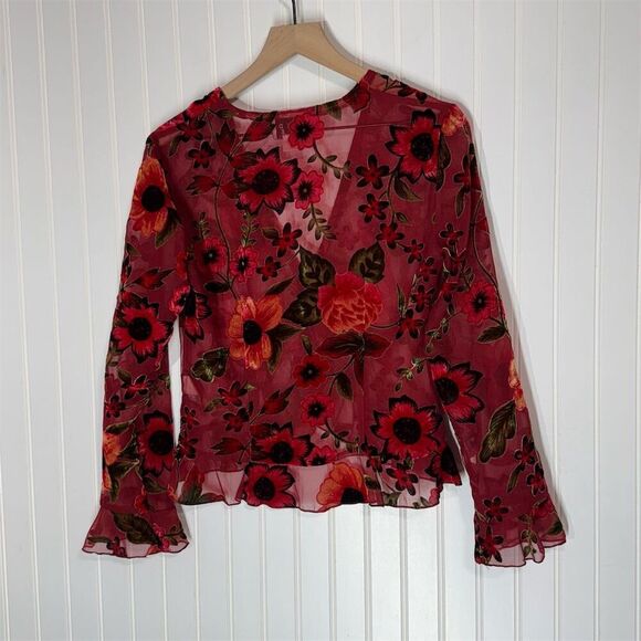 Vintage‎ David Warren NY Burnout Floral Mesh Blouse Red Sheer Ruffle Sleeve Sz 6 - Picture 4 of 10